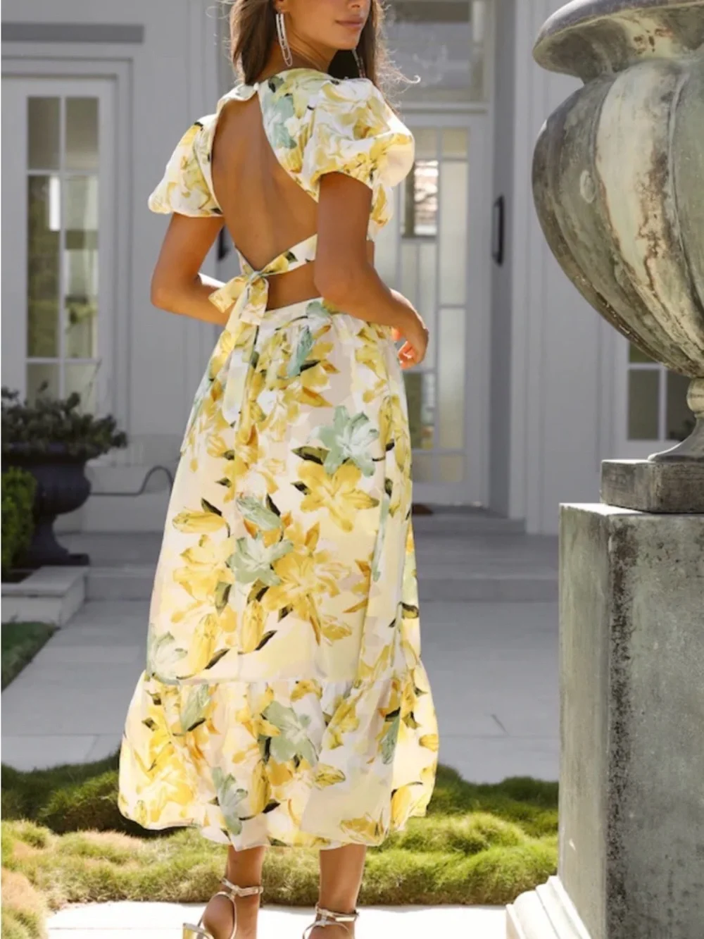 Hello Molly Yellow Floral Cutout Midi Dress with Puff Sleeves -Sz S - Picture 2 of 9